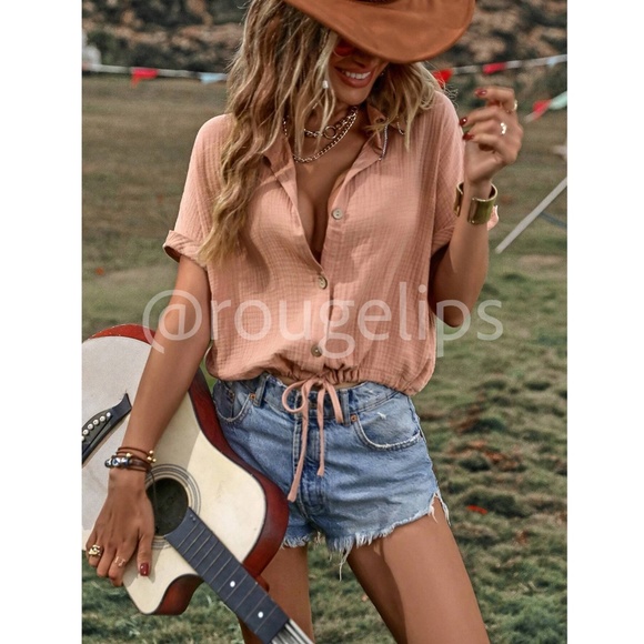 Cotton Short Sleeve Collared Shirt Drawstring Ties, Light Rust Color - Picture 2 of 8